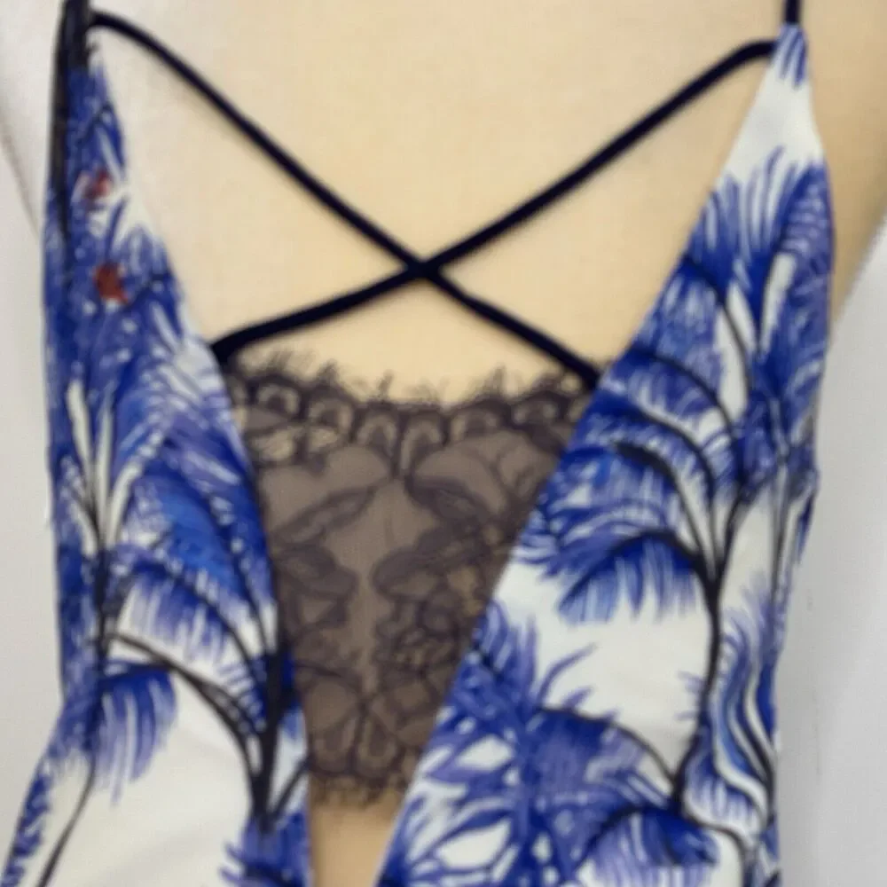 Adelyn Rae Nevina Palm Print Lace Slip Dress Size S Blue White V-Neck Sleeveless